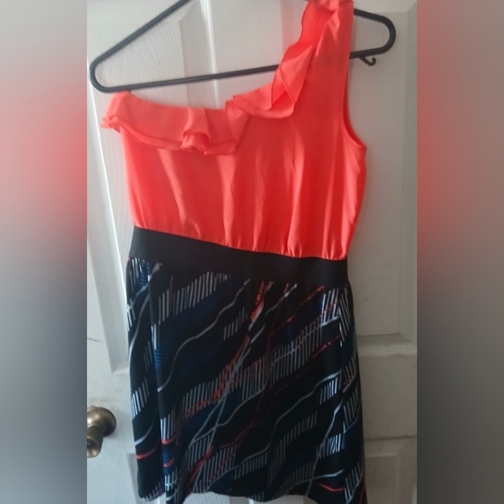 Speechless - VTG One Shoulder Coral Ruffled/Colorful Striped Large Stretch Dress